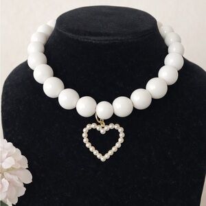 White Bubble Bead Necklace w/ Pearl Heart Charm 16”